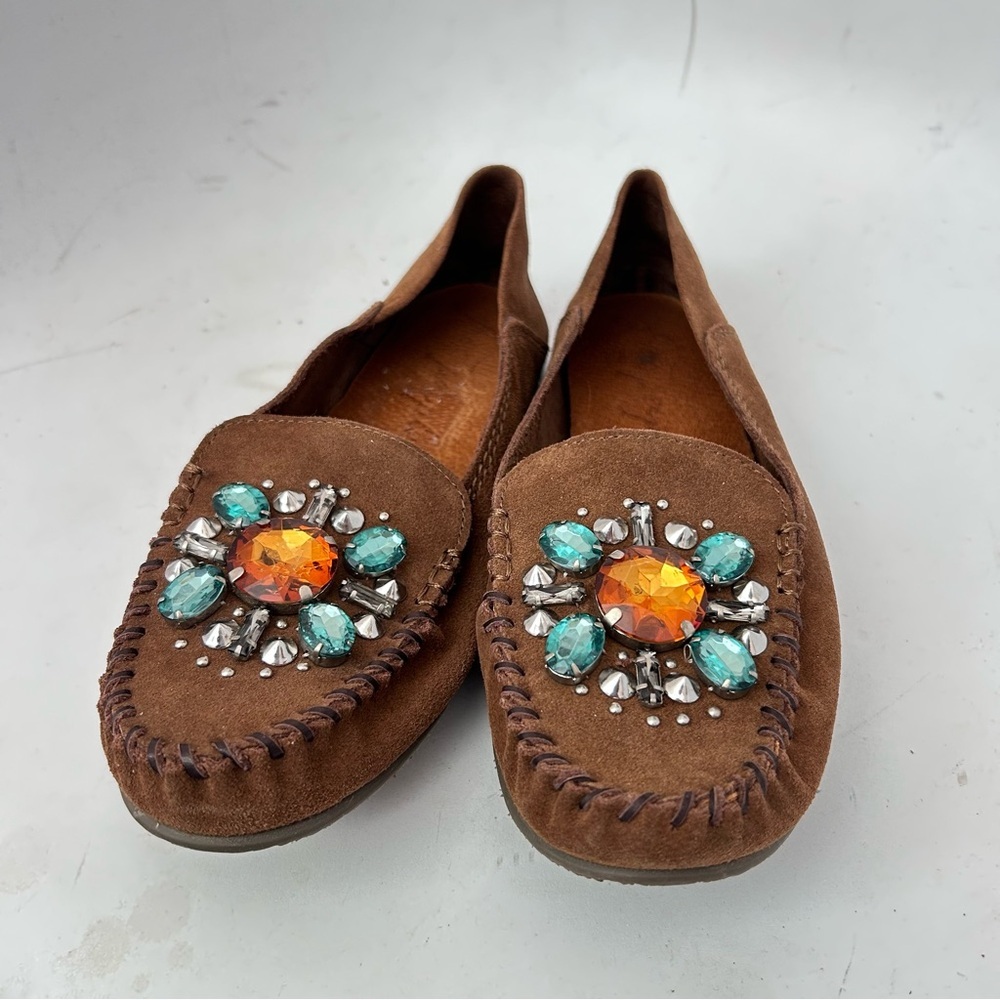 Free People Brown Suede Embellished Cherokee Moccasins Size 41 10.5 NWOB - Picture 3 of 10